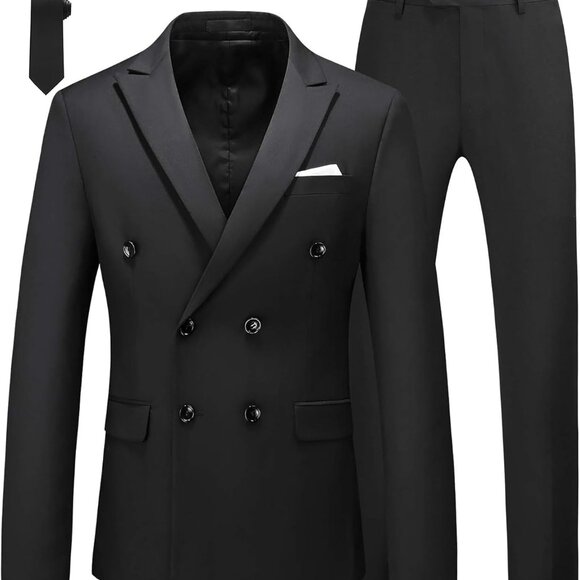 Men's Slim Fit Double Breasted Tuxedo Suit - Black, Size 38 for Weddings & Proms - Picture 1 of 4